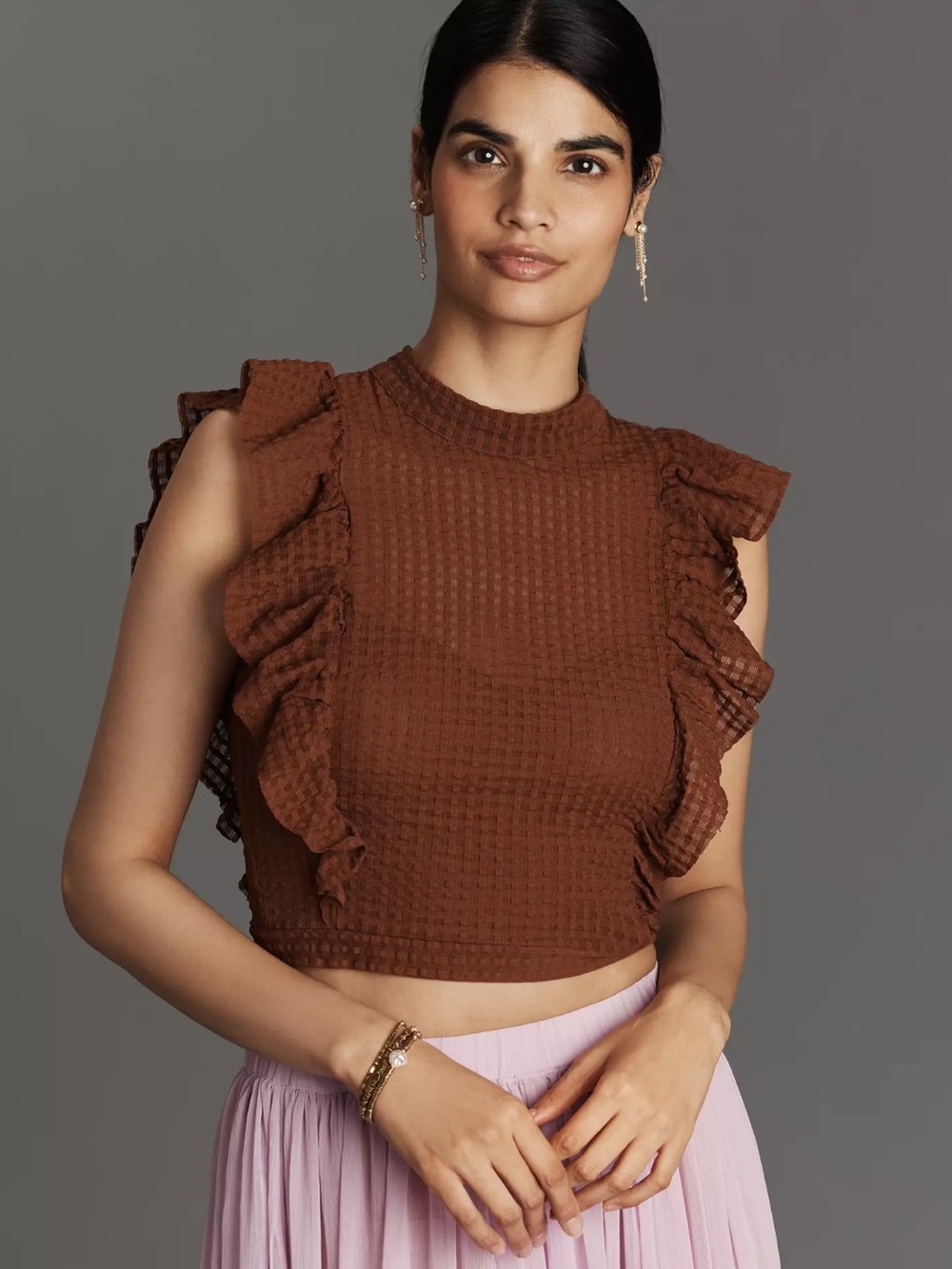Maeve Cropped Ruffle Mesh Top - Picture 2 of 9